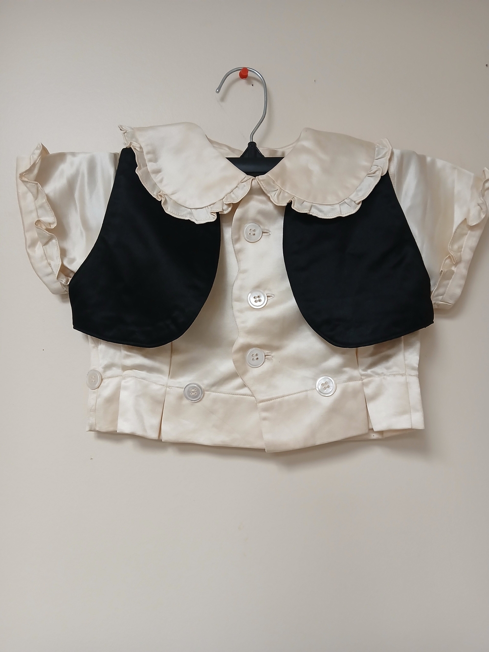 Ivory Satin Crop Jacket with Black Appliqué Collar
